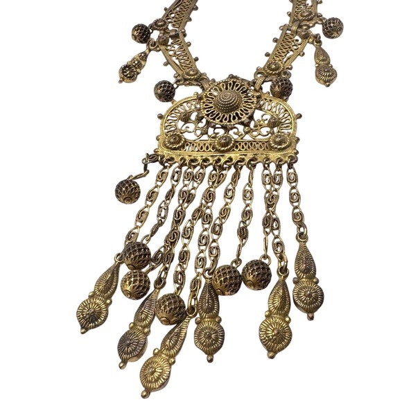 Indo Craft Brass Boho Bib Necklace - 1970sTribal Fringe Stmt necklace